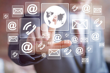 Fototapeta premium Businessman push button map web network mail