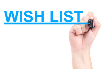 Right hand with blue marker draw wish list and line