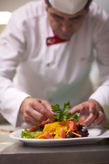 chef in hotel kitchen preparing and decorating food