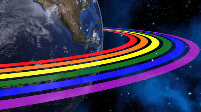 Earth From Space With Rainbow Rings. Continents Colored In LGBT Colors.