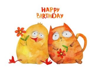 Duckling and kitten with flowers. Happy birthday. Friendship. Watercolor - 89623602