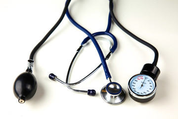 Blood pressure meter and stethoscope, isolated on white