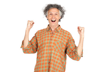 Obraz premium Handsome man doing different expressions in different sets of clothes: arms raised