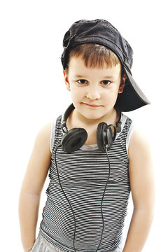 Little deejay. funny smiling boy with headphones
