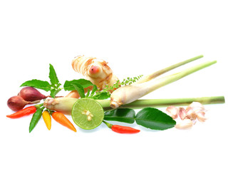 Fresh herbs and spices isolated on white background