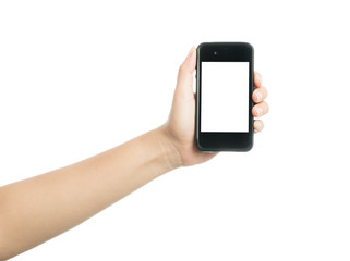 Woman hand holding black smart phone with blank screen