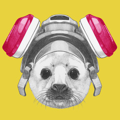 Portrait of Baby Fur Seal with gas mask. Hand drawn illustration.