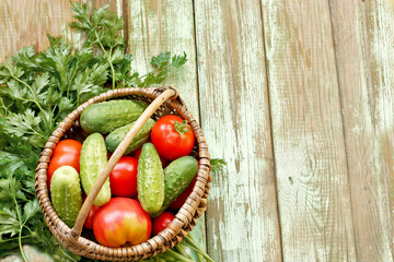 Basket with tomatoes, cucumbers, parsley on wooden background. top view