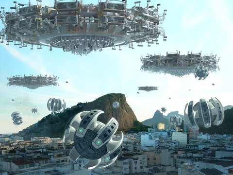 UFO fleet, above buildings in Rio de Janeiro, Brazil, for futuristic, fantasy, interstellar travel or war-game backgrounds