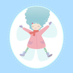 Girl in the snow paints a butterfly. Vector illustration can be used to clip the weather, season, child.