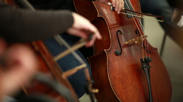 Man playing the cello. Bowed string instrument in the orchestra.