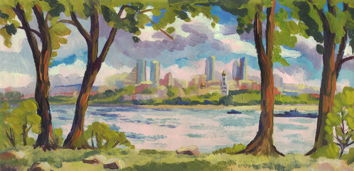 Fototapeta premium Oil painting. Summer landscape. Trees on the river Bank. Panorama city