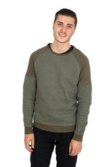 Handsome man doing different expressions in different sets of clothes: smile