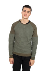 Handsome man doing different expressions in different sets of clothes: love