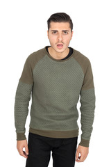 Obraz premium Handsome man doing different expressions in different sets of clothes: surprise