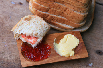 Slice toast whole wheat bread with strawberry jam