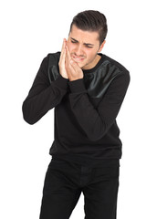 Handsome man doing different expressions in different sets of clothes: toothache