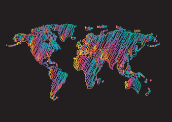 rainbow scribble drawing world map vector on black background vector