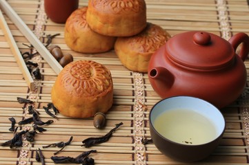 Festival moon cake and hot tea - Chinese cake