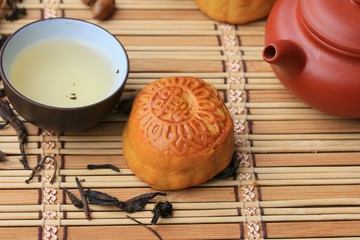 Festival moon cake and hot tea - Chinese cake