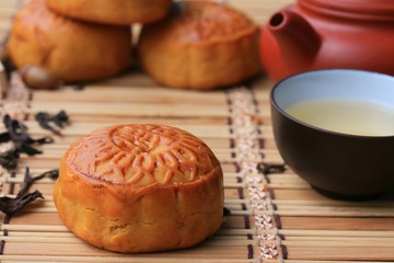 Festival moon cake and hot tea - Chinese cake