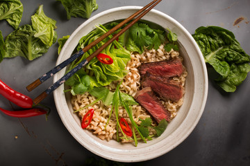 A bowl of Chinese ramen noodles with beef, Chinese cabbage