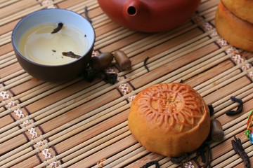 Festival moon cake and hot tea - Chinese cake
