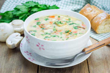 Homemade mushroom soup with chicken