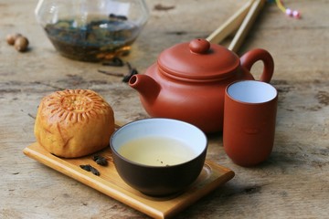 Festival moon cake and hot tea - Chinese cake