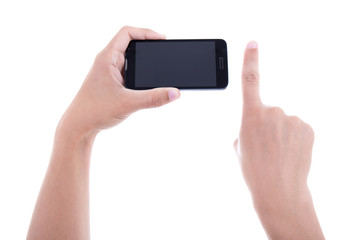 hands using mobile smart phone with blank screen isolated on whi