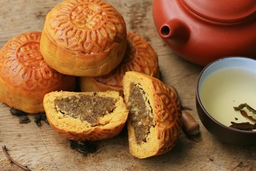 Festival moon cake and hot tea - Chinese cake