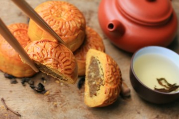 Festival moon cake and hot tea - Chinese cake
