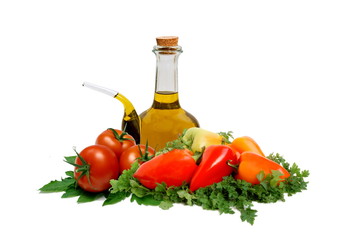Mixed vegetables with oil and vinegar cruet