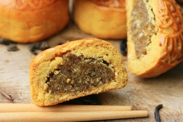 Festival moon cake and hot tea - Chinese cake