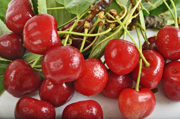 red cherries with leaves