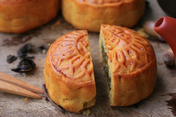 Festival moon cake and hot tea - Chinese cake