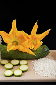 zucchini with squash blossoms and rice