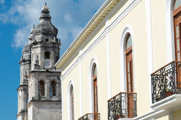 View of downtown Campeche with its colonial buildings and the catehdral in the distance