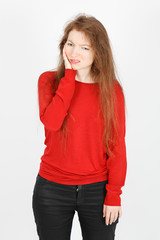 Beautiful businesswoman doing different expressions in different sets of clothes: toothache