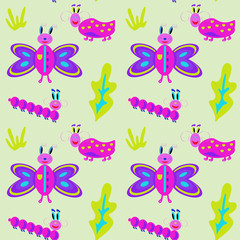 Glade with funny bugs, caterpillars and butterflies