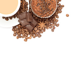 Coffee cup and beans on a white background.