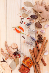 Assortment of Thai food Cooking ingredients in glass bottles on