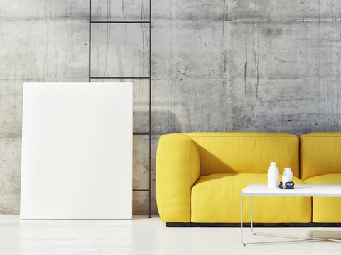 Close up mock up poster with yellow sofa, 3d render