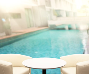 Fototapeta premium Wood Table Top Background And Pool