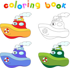 Funny cartoon steamship. Coloring book for children