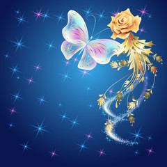 Transparent butterfly with golden ornament and glowing firework
