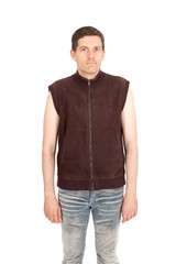 Fototapeta premium Handsome man doing different expressions in different sets of clothes: portrait