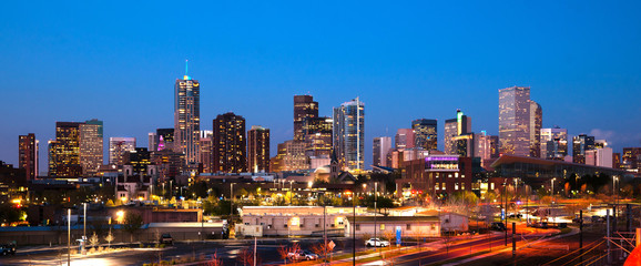 Downtown Urban Metro City Skyline Denver Colorado Sunset Dusk - obrazy, fototapety, plakaty