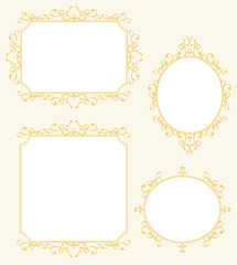 Elegant Frame Border Decorations Set. Collection of rectangular and oval frames with golden calligraphic decorations. Curved, twisting and fine lines with an antique flavour.