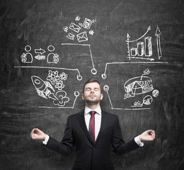 Meditative businessman is thinking about business development measures. Charts, pie chart, business...
